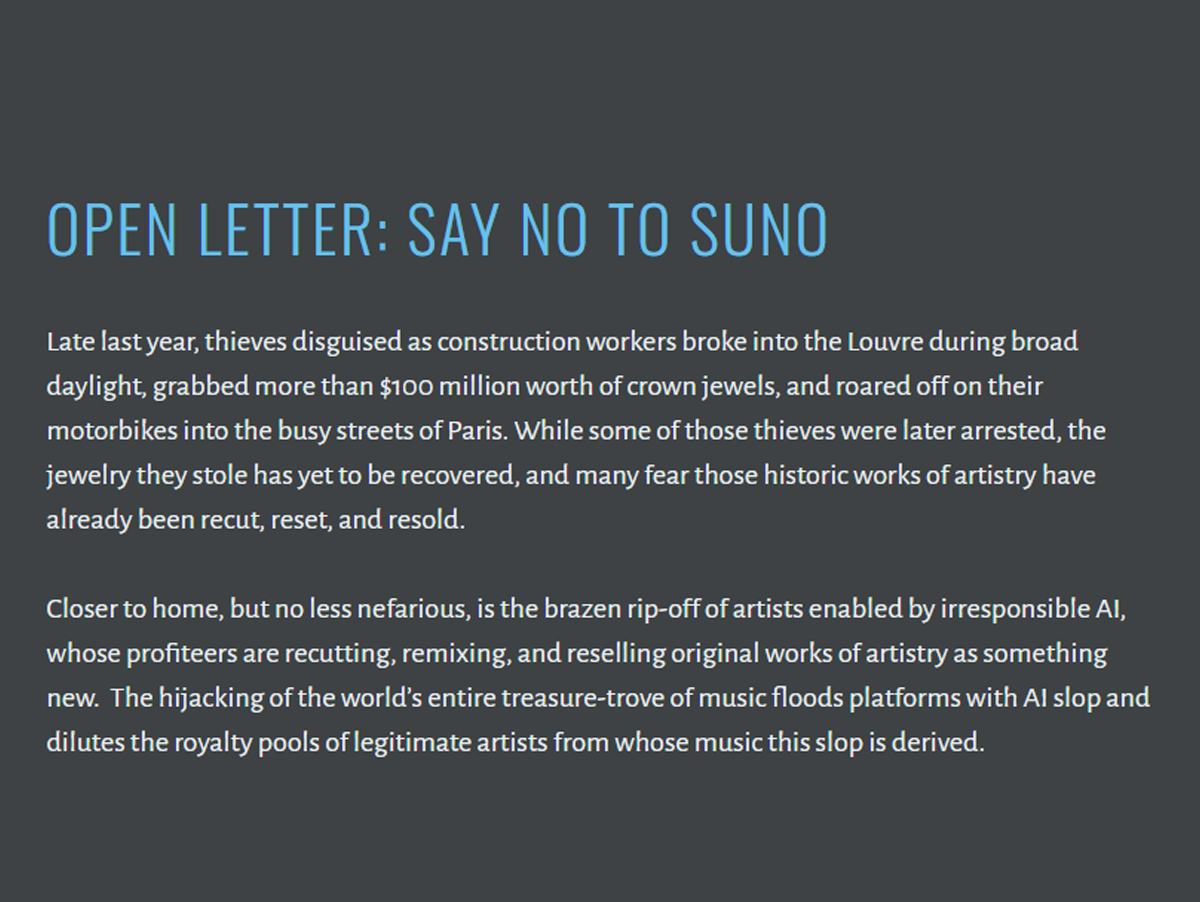 ‘Diz Não à Suno': Empresa é alvo de carta aberta que compara IA a assalto no Louvre e exige boicote da indústria