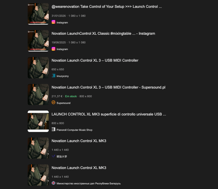 Prova: A mesma imagem do Novation Launch Control XL aparece no Instagram oficial, em lojas online e em múltiplas fontes internacionais